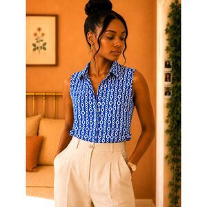 Tweeds 100% Linen Blue White Chain Link Pattern Print Size L Nautrical Resort